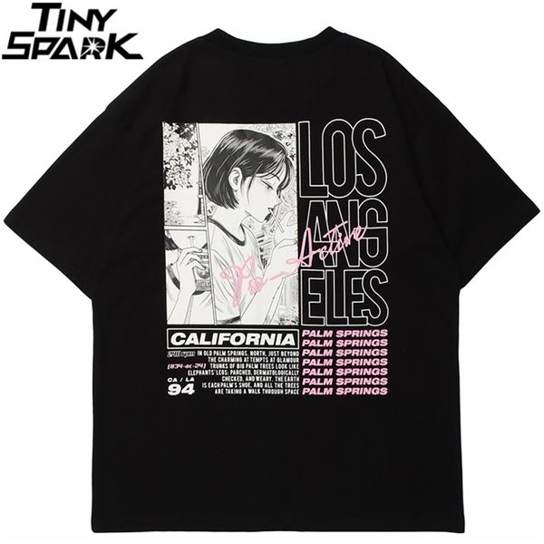 Erkekler Streetwear Hip Hop Tshirt Anime Kız Sigara Mektup Baskı T-Shirt Harajuku Pamuk Yaz Kısa Kollu T Gömlek Siyah 210716