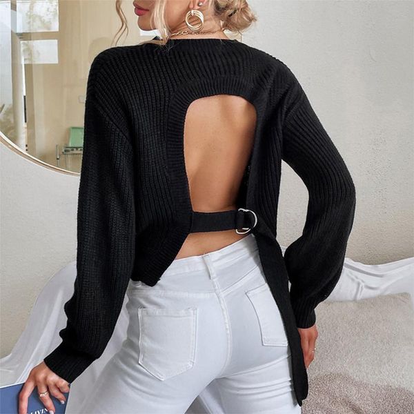 

women's sweaters 2021 fall winter backless sweater women crew neck long sleeve coarse wool knit pullovers hollow out black female cloth, White;black