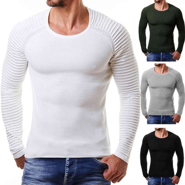 

Fashion Sweater Men's Pullover Rib Stripe Sleeve T-shirt 3901, White
