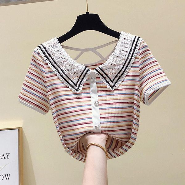 

women's t-shirt women 's 2021 korean style cotton striped doll collar slim fit wild color matching short sleeve, White