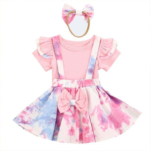 

clothing sets kids baby girls tie dyed short sleeve + skirt headband set outfits clothes, White