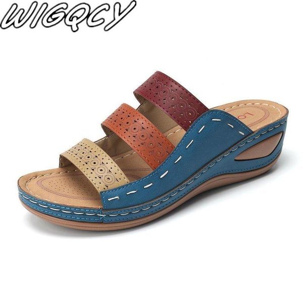 

slippers summer women 2021 rome retro casual shoes thick bottom wedge open toe sandals beach slip on slides female pu, Black