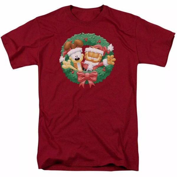 

garfield christmas wreath t shirt mens licensed jim davis comics tee cardinal, White;black