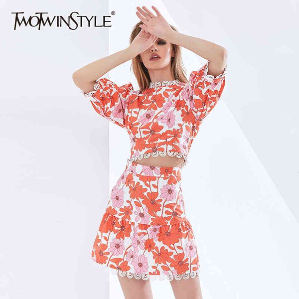 

lace print floral two piece set for women puff sleeve high waist skirts elegant sets womens clothing 210423, White