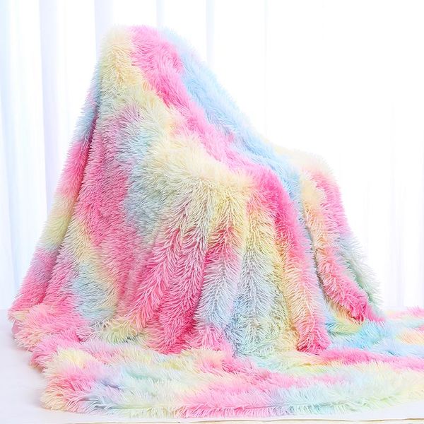 

rainbow plush super soft blanket colorful gradient bedding sofa cover furry fuzzy fur warm throw cozy couch for winter blankets