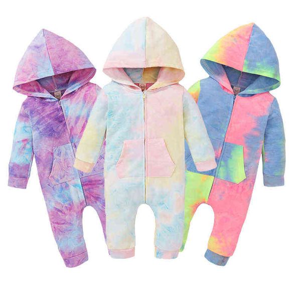 

2020 3colors 0-18m infant baby boy girl tie-dye printed romper long sleeve zipper hoodies jumpsuit autumn warm romper outfit g1221, Blue