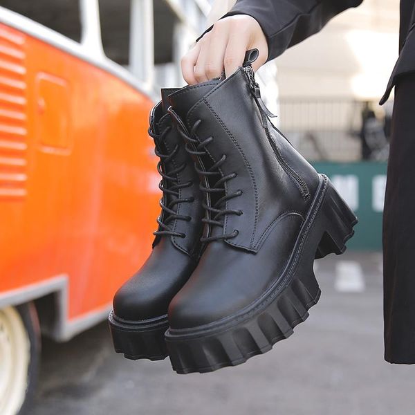 

boots 2022 patent leather for women lace up platform winter keep warm non-slip short booties ladies, Black