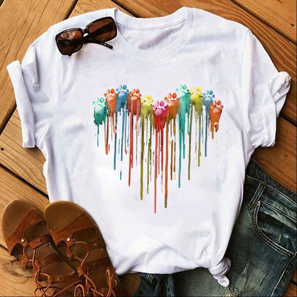 

watercolor dog women t shirts paw heart shirt summer fashion cute tee harajuku short sleeve cartoon, White