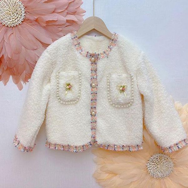 

jackets girls lambswool coat autumn winter kids warm flower pearl embellished jacket 3-9 years children outerwear baby girl clothes, Blue;gray