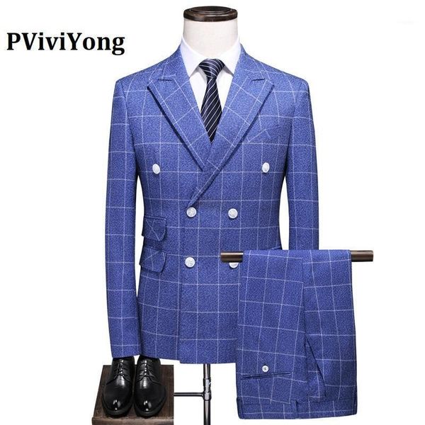 

men's suits & blazers pviviyong brand 2021 suit men double breasted grid leisure business three-piece (jackets + vest pants) 60, White;black