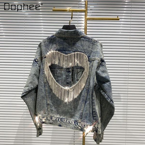 

women's jackets 2021 autumn fashion back hollowed heart shape rhinestone tassel denim jacket heavy washed long sleeve short coat for wo, Black;brown