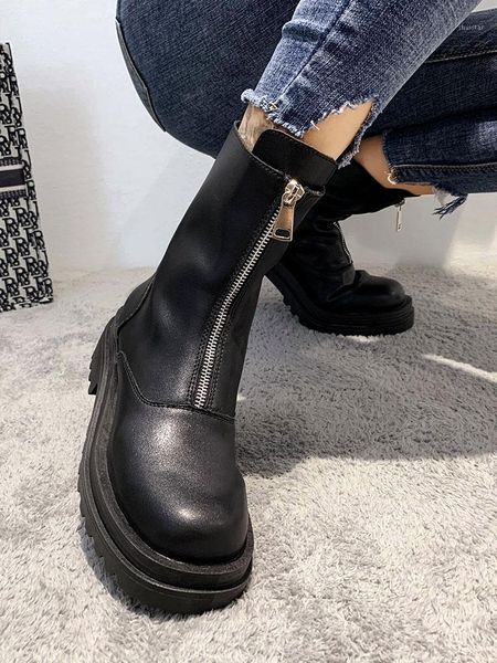 

boots women's autumn 2021 fashion motorcycle front zipper thick heel ankle1, Black