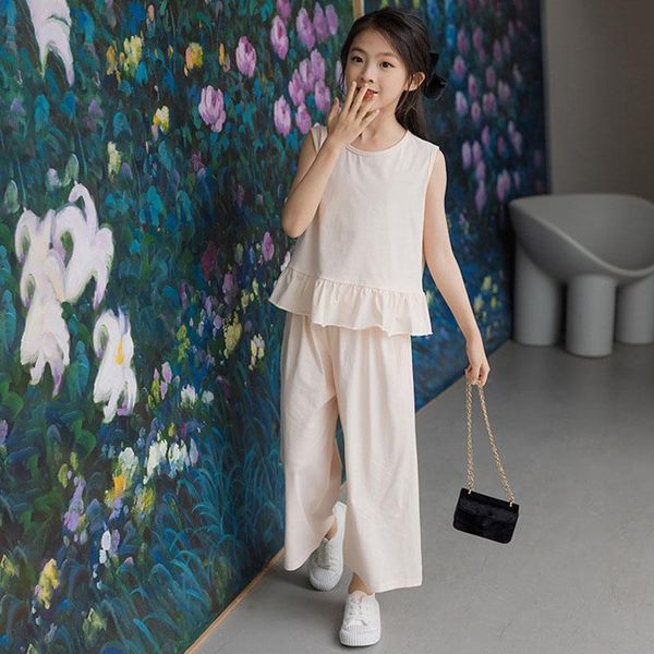 

clothing sets big girls clothes summer ruffles vest + loose pants 2 pcs children for teen kids suits 5 to 17 years, White