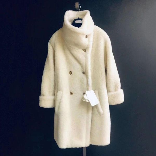 

women's fur & faux women jacket winter white long style 2021 fashion casual real sheep wool overcoat lamb oversized turn-down collar fn, Black