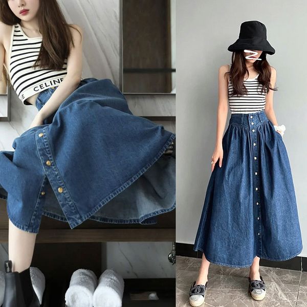 

skirts 2021 summer ce button denim a-line skirt high waist loose and thin temperament, Black