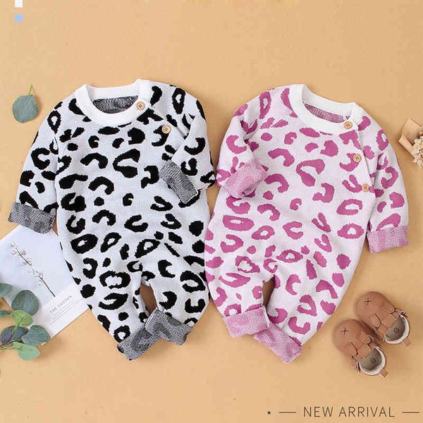 Herbst Winter Baby Jungen Mädchen Strampler Kleidung Kinder Junge Mädchen Kinder Stricken Langarm Leopard Print 210429