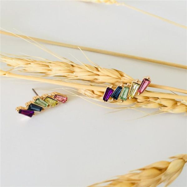 

gorgeous gold color plating multi colorful baguette stone irregular stud earrinsg for women girl's jewel tone pretty statement, Golden;silver