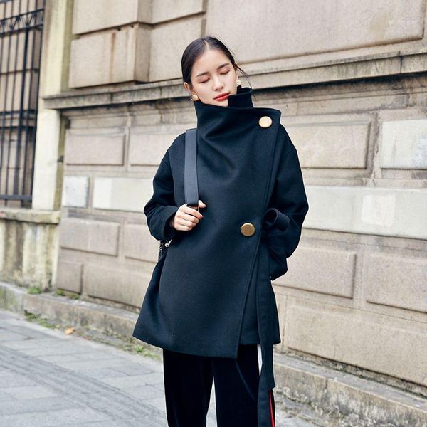 

women's wool & blends lanmrem winter 2021 big gold button black loose slant placket woolen coat design lace up temperament tweed woman