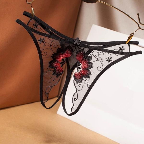 

women's panties figure underwear transparent mesh embroidery t-back, Black;pink