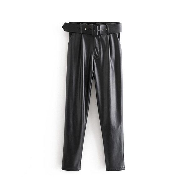 

women's pants & capris winter harem women high waist faux leather streetwear trousers vintage warm long pu fleece 2021, Black;white