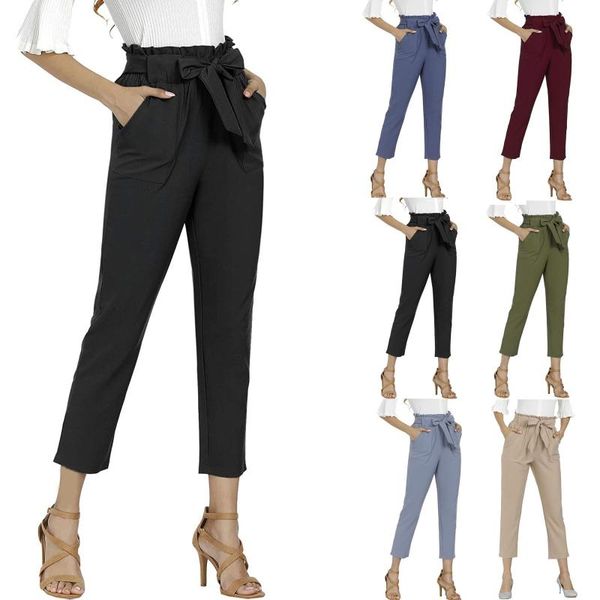 

yoga outfit women's solid color bow pocket leisure time elastic waist trouse pants