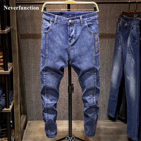 

men letter embroidery streetwear slim fit jeans pants fashion brand male hip hop cotton solid casual joggers denim trousers 211108, Blue