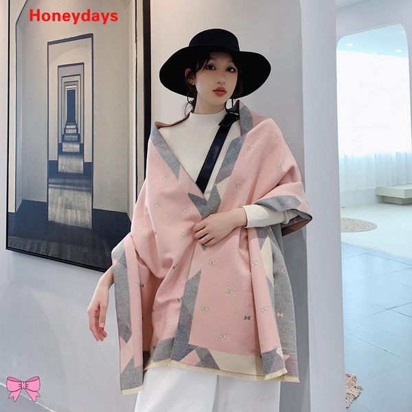 

scarves winter retro bow printed thicken cashmere scarf outdoor warm pashmina blanket women color matching long tassel shawl, Blue;gray