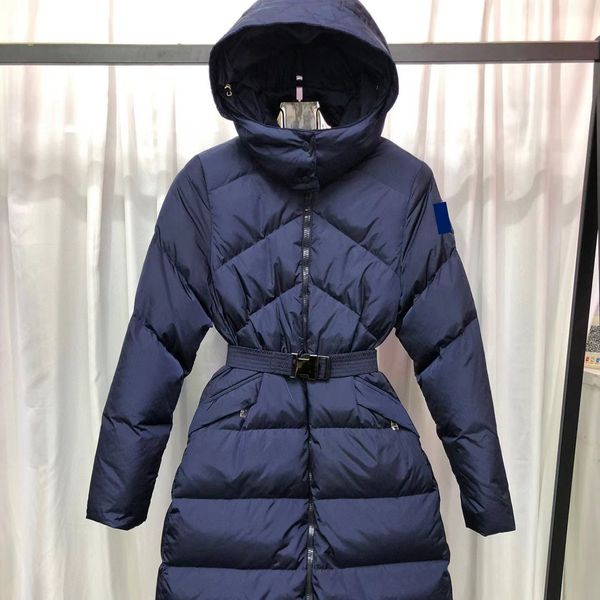 

monclair luxury french ladies women's down jacket maya france brand designer hooded long thick warm zipper slim belt coat, Black
