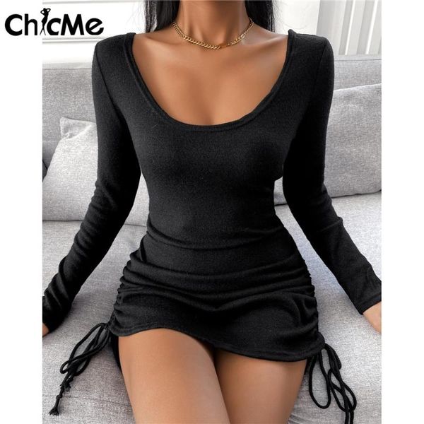 

casual dresses chicme autumn women drawstring ruched backless long sleeve mini sweater dress low neck bodycon slim party club robe, Black;gray