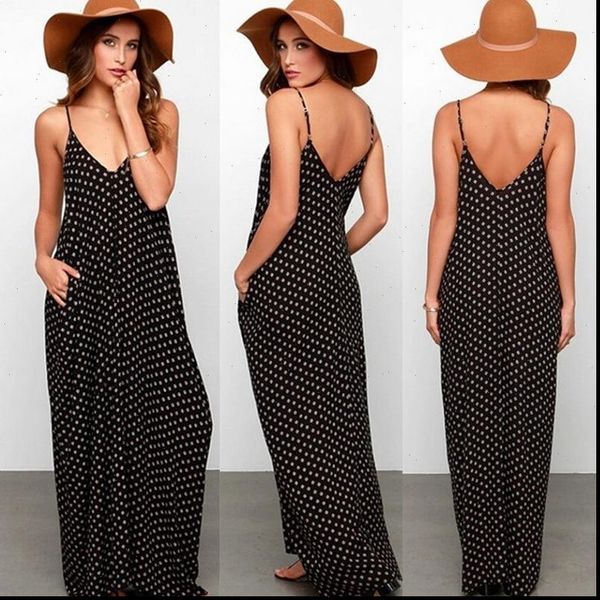 

vestidos big szie 5xl womens dresses party summer sleelveless deep v backless spaghetti strap long lady dot print, Black;gray