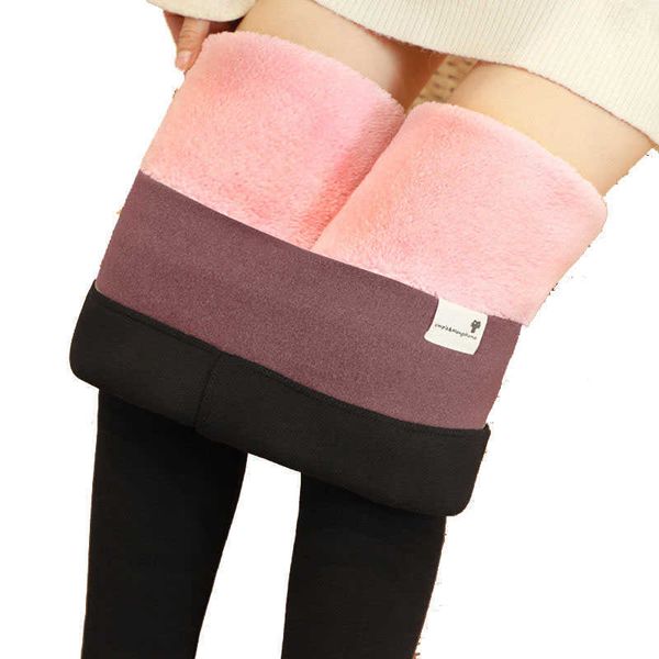 

winter plus size velvet thicken legging's lamb fur pencil pants high waist warm cotton trousers 210531, Black;white