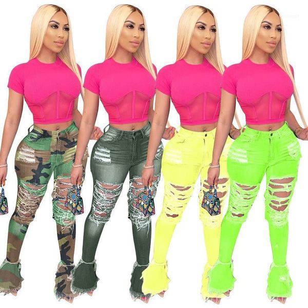 

women's jeans neon green yellow camouflage denim flare pant women hollow hole ripped bodycon streetwear high waist skinny trousers1, Blue