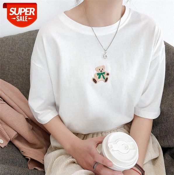 

li zhiqi korean cute embroidery bear round neck loose and thin solid color t-shirt women 110452 #m93g, Black;gray