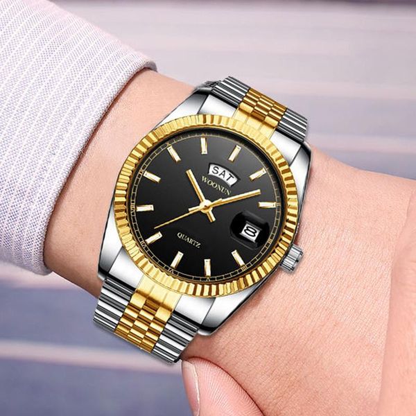 

wristwatches luxury fashion men watches silver gold stainless steel day date quartz business imitation man watch, Slivery;brown