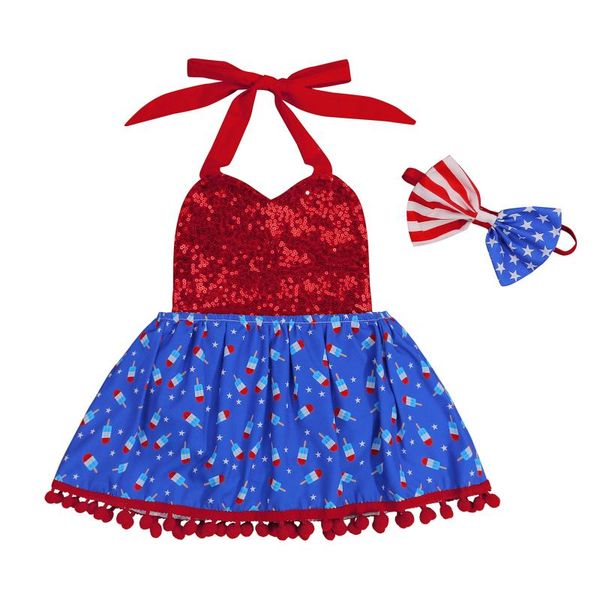 

jumpsuits 2pcs baby independence day outfit, sequin ice cream print halter neck romper skirt + hairband for toddler girls, 0-24 months, Blue