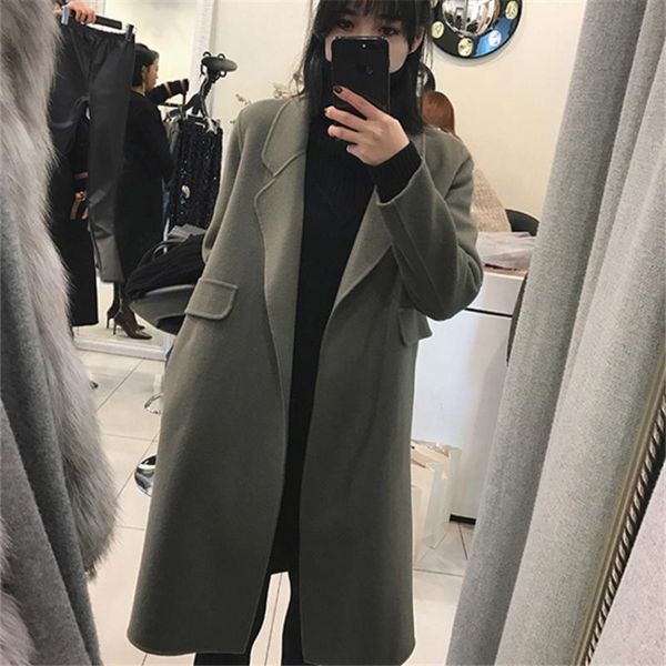 

women's wool & blends woman fashion winter jacket coats female turn-down collar coat overcoat ladies streetwear long sleeve blend jacke, Black