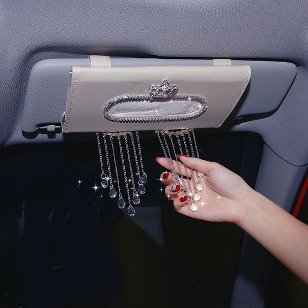 

creative crystal tassels holder bag sun visor hanging diamond crown leather auto tissue paper box for car accessories
