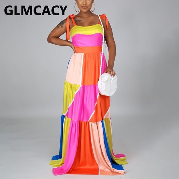 

spaghetti starp casual colorblock maxi party dress 210702, White