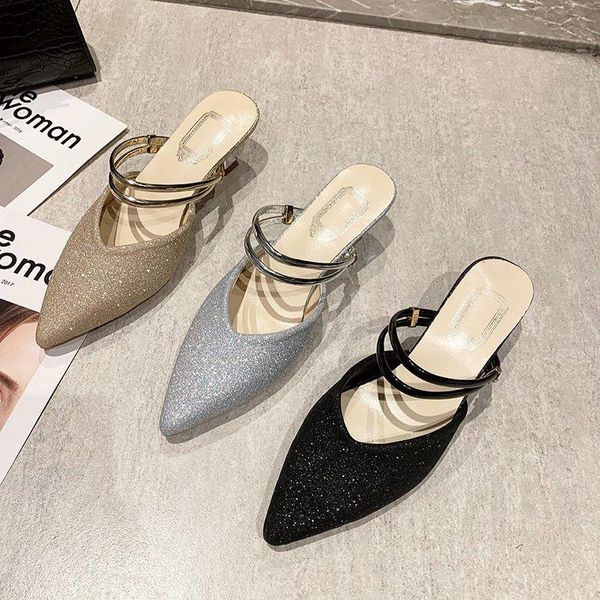 

glitter slides shallow mules for women 2021 high-heeled shoes lady slippers summer pantofle cover toe med jelly silver thin, Black