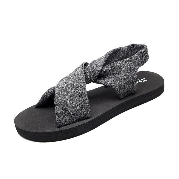 

sandals women's flat beach slippers summer shoes for lady bohemian style elastic cloth strap leisure outdoor sandal, Black