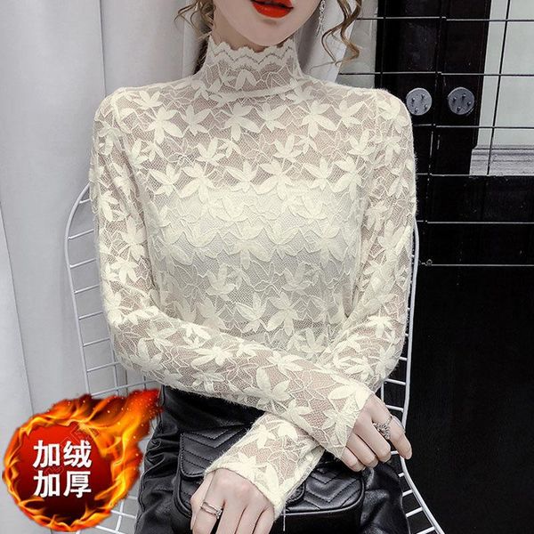 

women's blouses & shirts women blouse turtleneck lace autumn winter mesh blusas ropa de mujer, White