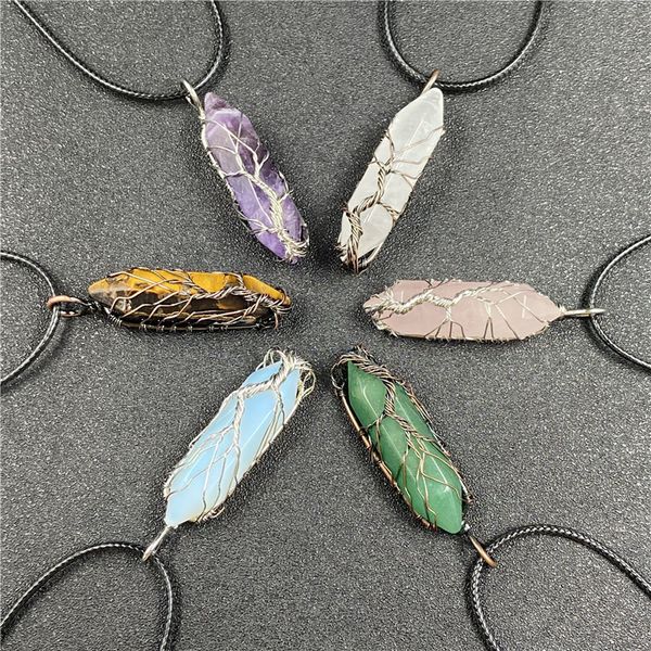 

retro tree of life wire wrapped healing crystal pillar pendant charm rose quartz blue white stones pendants necklace energy jewelry, Silver