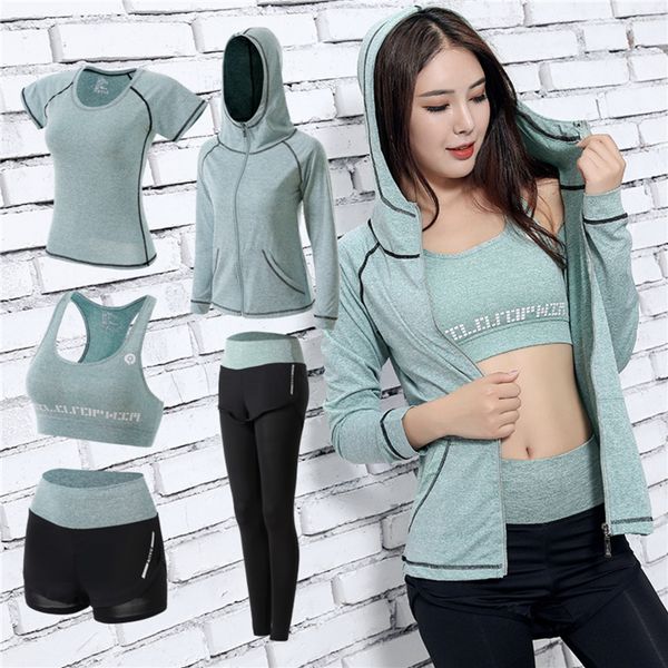 

Gym Clothing Exercise Fitness Wear Outdoor Sports Apparel 5 Pieces Set Pack for Women Yoga Running Riding JSF05, Multi