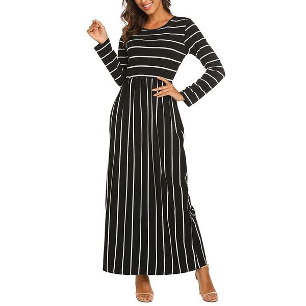

casual dresses autumn women's fashion long sleeve striped printed maxi dress with pockets elegant home party s-2xl, Black;gray