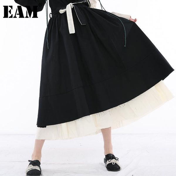 

skirts [eam] high elastic waist black burr double layers asymmetrical half-body skirt women fashion spring autumn 2021 1m93601