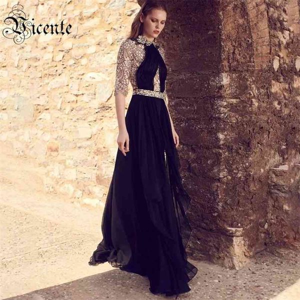 

chic lace patchwork half sleeves celebrity party long dress 210520, Black;gray
