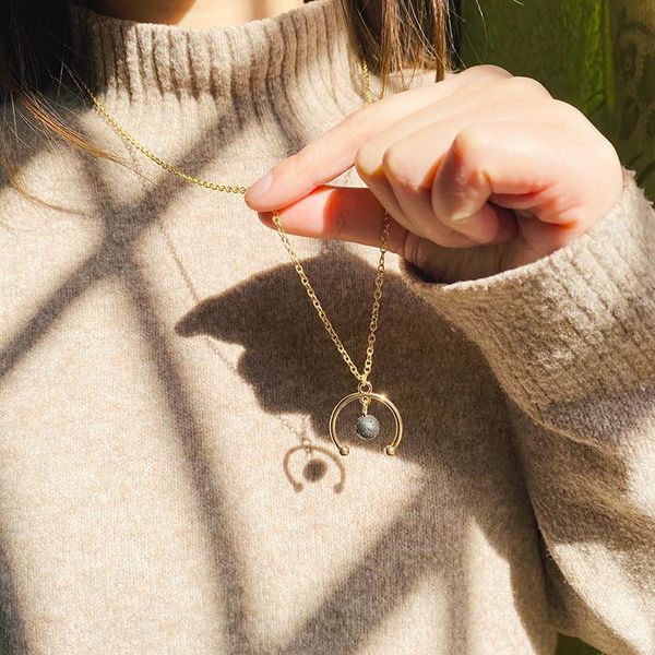 

pendant necklaces saddle half moon lava stone essential oil diffuser necklace 8mm aroma sweater chain, Silver