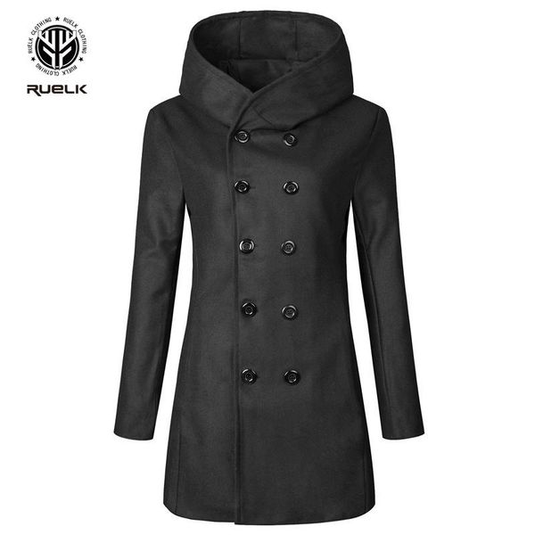 

men's wool & blends ruelk autumn and winter woolen coat mens solid color slim-fit hooded men double-breasted, Black