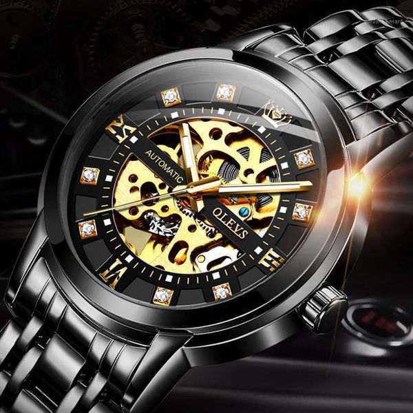 

luxury diamond mechanical watches for men hollow design black gold brand automatic stainless steel relogio wristwatches, Slivery;brown