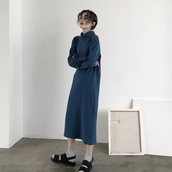 

casual dresses autumn long sleeve dress simple mid-calf turtleneck straight preppy style fashion brand women's clothing ladies, Black;gray